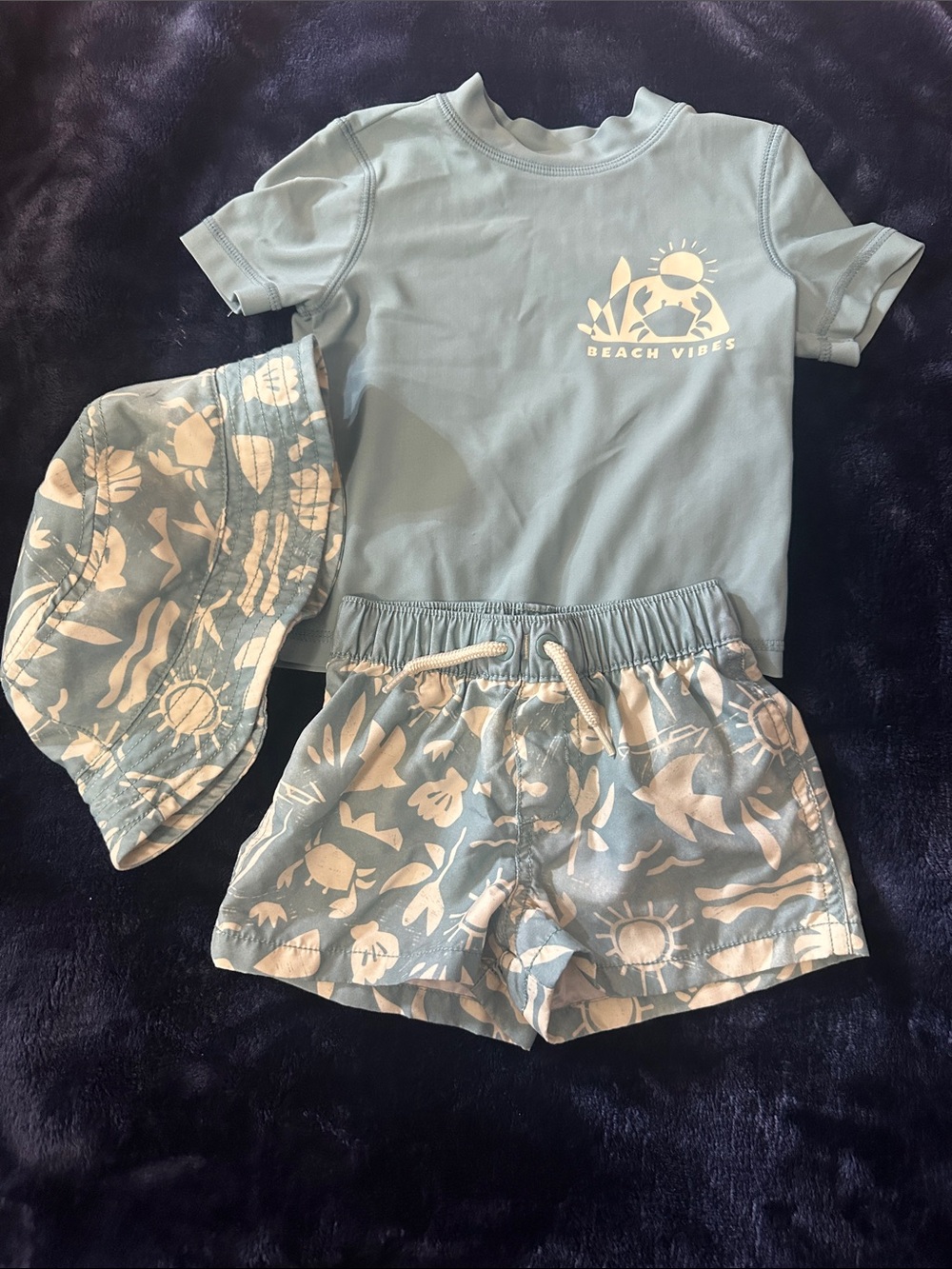 Carter's Kids Swim Set in Light Blue and White - Rash Guard, Shorts & Bucket Hat
